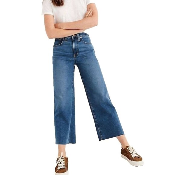 Madewell Size 31X25 Women Wide Leg Crop Blue Denim Embroidered Logo Pocket Jeans - Picture 6 of 15